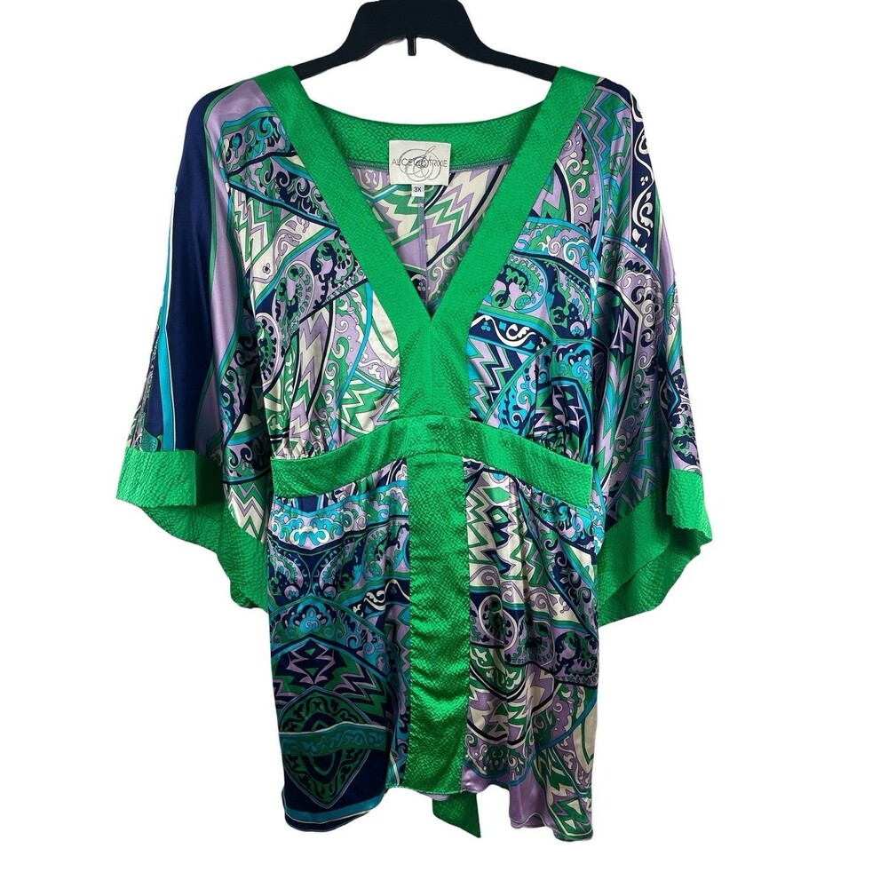 Alice & Trixie 3X Silk Tunic Blouse Geometric Print Kimono Sleeve Tie Back USA